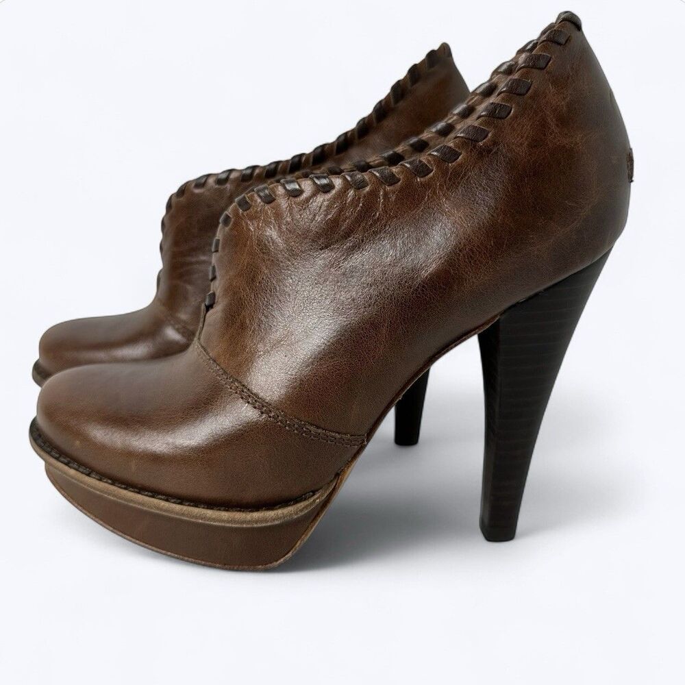 UGG Jamison‎ Platform Pumps Booties Sz 6.5 Brown Leather Shearling Lined 5" Heel